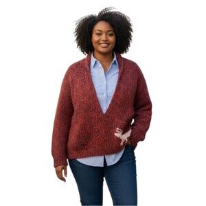 Vintage Hand Knitted Oversized V-neck Wool Knit Reindeer Sweater in Red L/XL